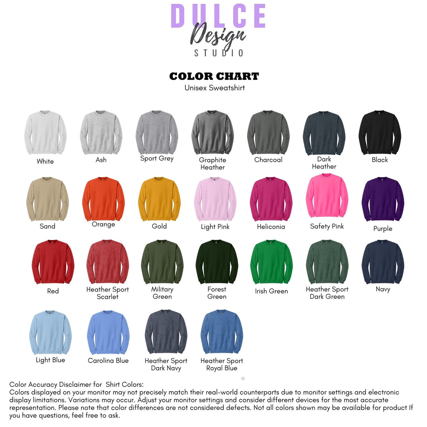 Color chart for unisex sweatshirts with Dulce Design Studio branding.