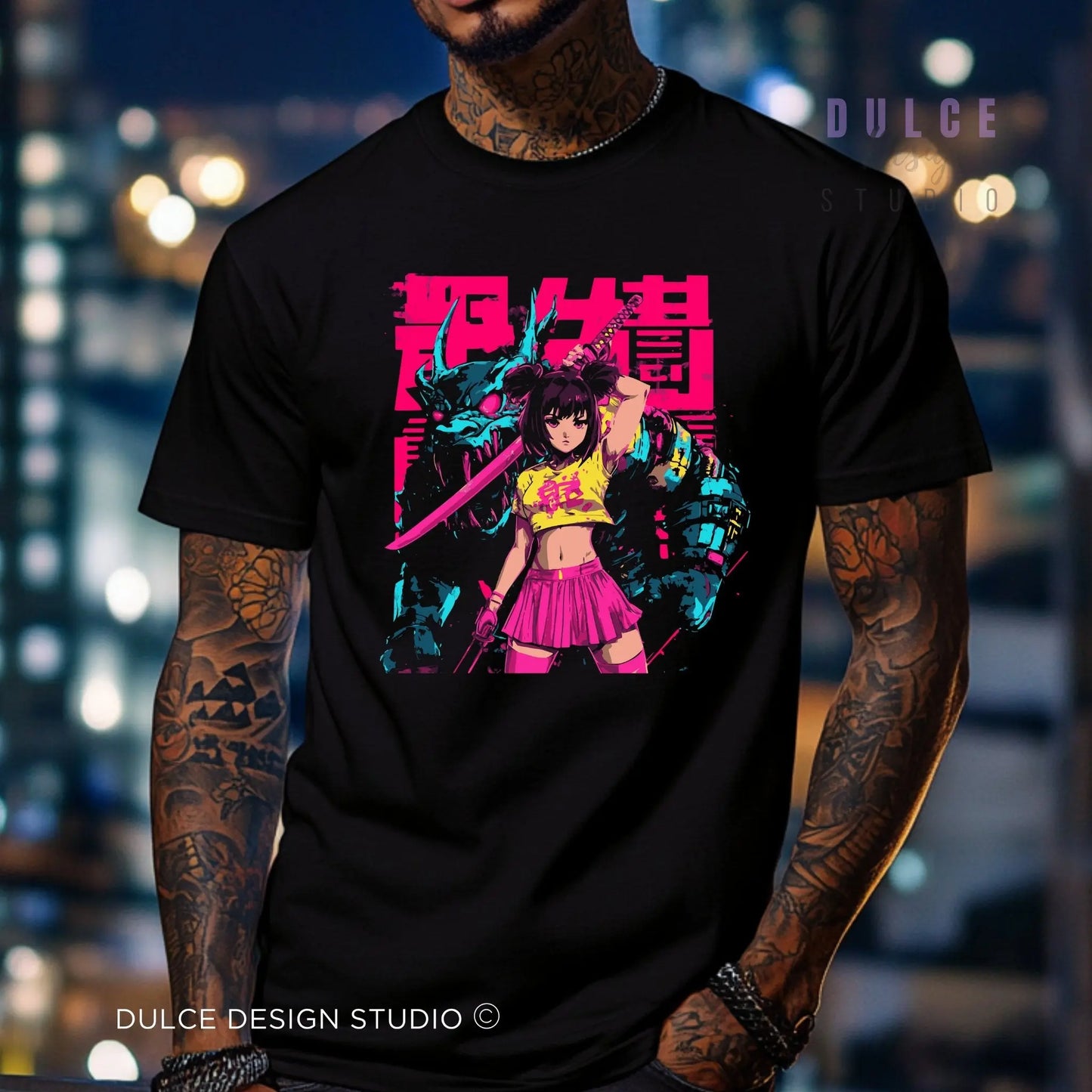 Mecha Muse – Neon Anime Girl Tee - Dulce Design Studio
