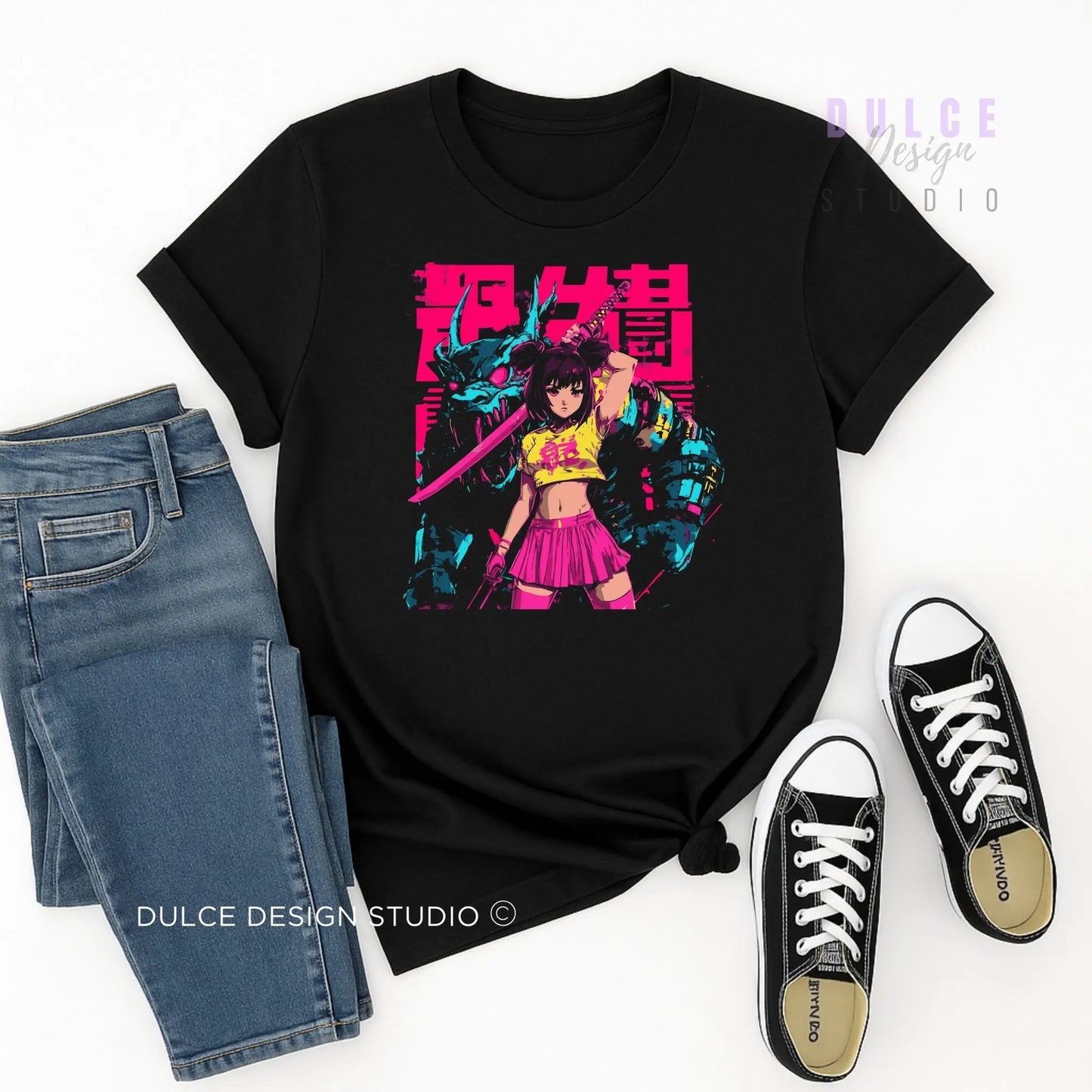 Mecha Muse – Neon Anime Girl Tee - Dulce Design Studio