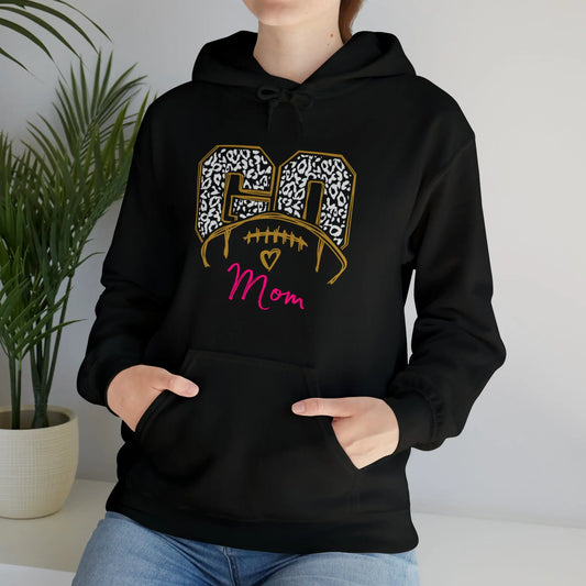 Black hoodie with leopard print "GO MOM" football design – Game Day Glam Hoodie by Dulce Design Studio