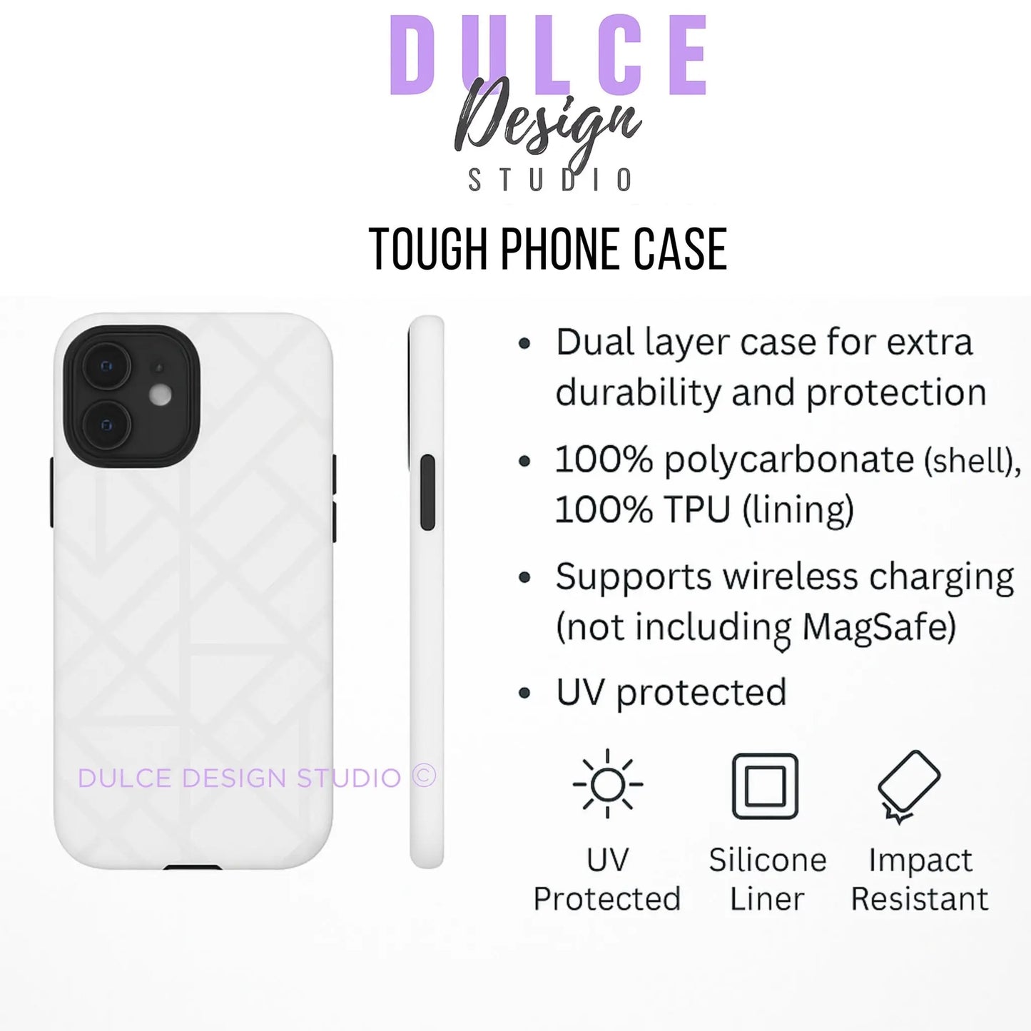 Tough phone case by Dulce Design Studio featuring dual-layer protection with polycarbonate shell and TPU liner, wireless charging support, and UV protection