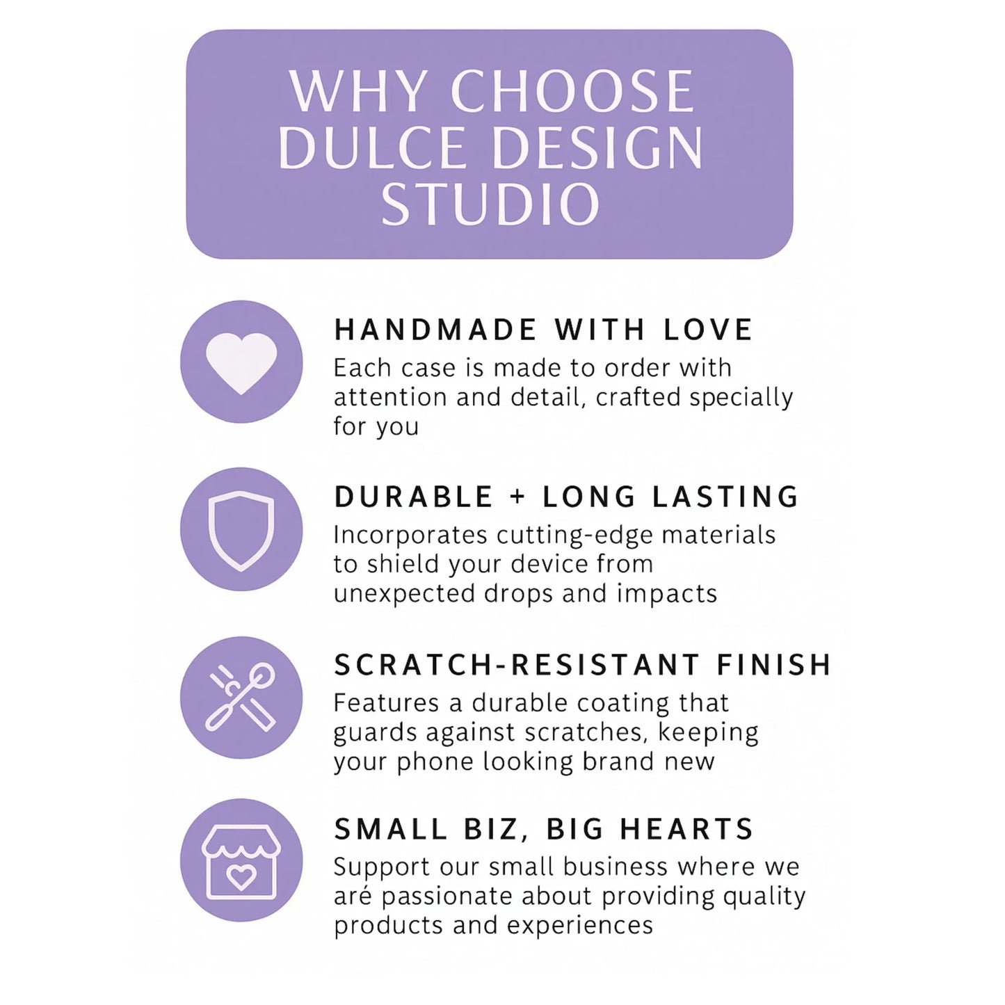 Why Choose Dulce Design Studio infographic highlighting handmade quality, durability, scratch-resistant finish, and support for small business values