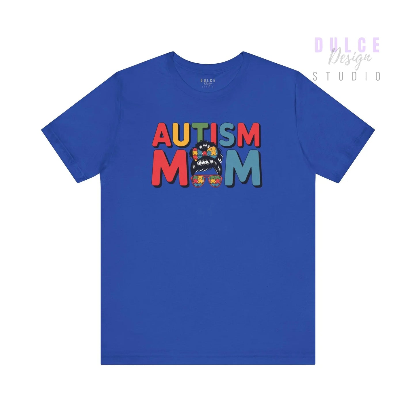Blue t-shirt with colorful 'AUTISM MOM' text on a white background
