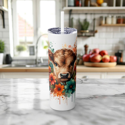 Cow Floral Skinny Tumbler – Farmhouse Floral Cow 20oz Tumbler-  Glossy / White / 20oz- Dulce Design Studio