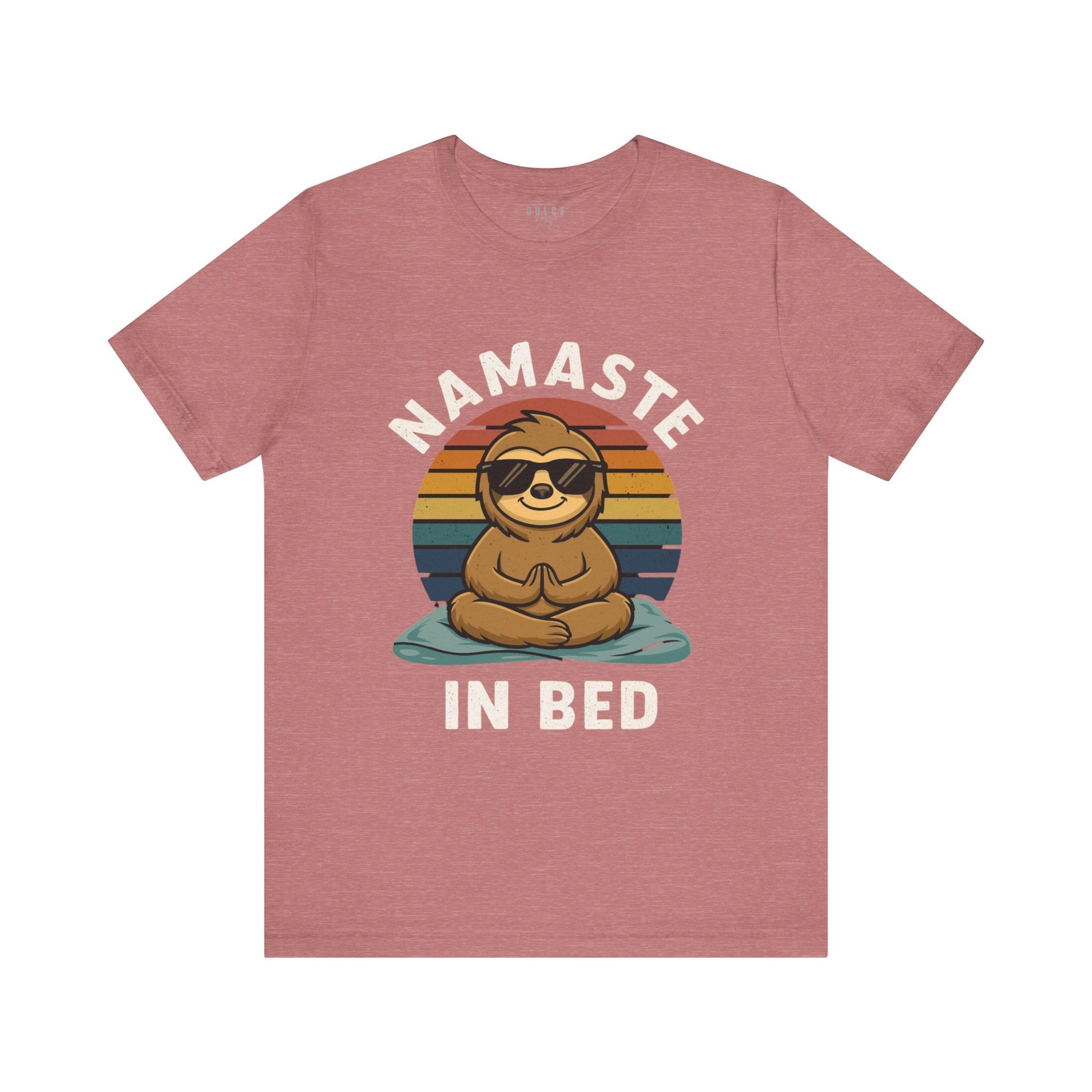 Red t-shirt with a sloth graphic and 'Namaste in Bed' text on a white background