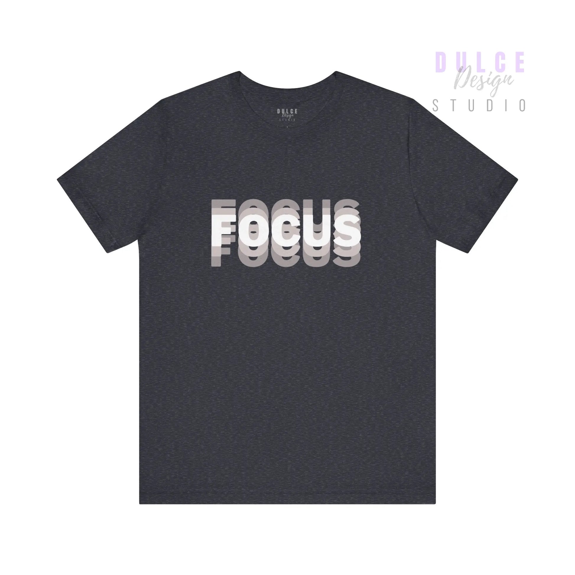 Black t-shirt with 'FOCUS' printed in white on a white background