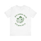 White t-shirt with green mushroom graphic and text on a white background