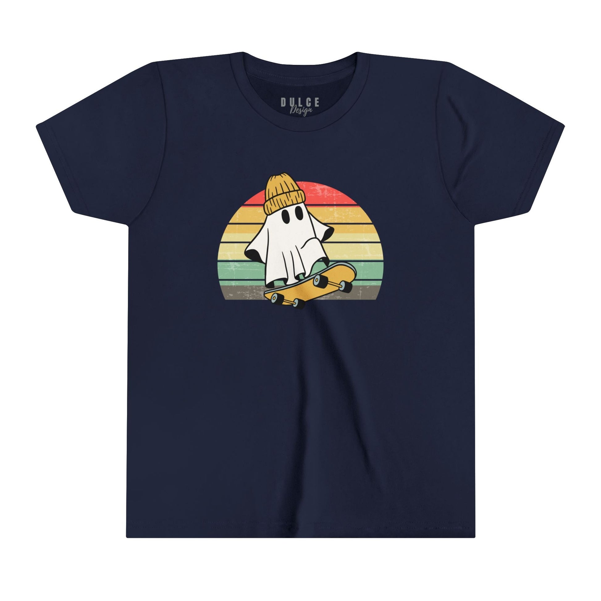SKATEBOARDING GHOST HALLOWEEN UNISEX YOUTH TEE - COOL & SPOOKY T-SHIRT FOR KIDS-  Navy / XL- Dulce Design Studio