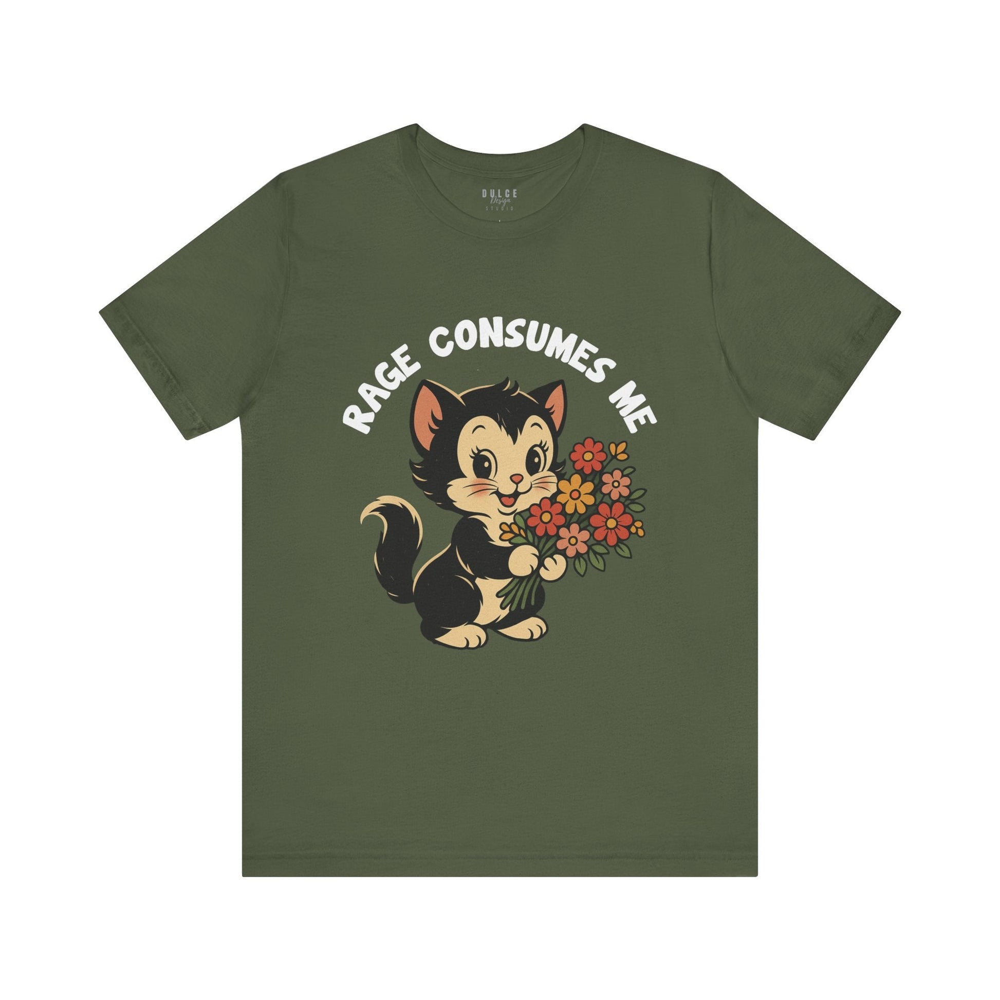 Rage Consumes Me Vintage Cat Graphic Tee-  Military Green / 3XL- Dulce Design Studio