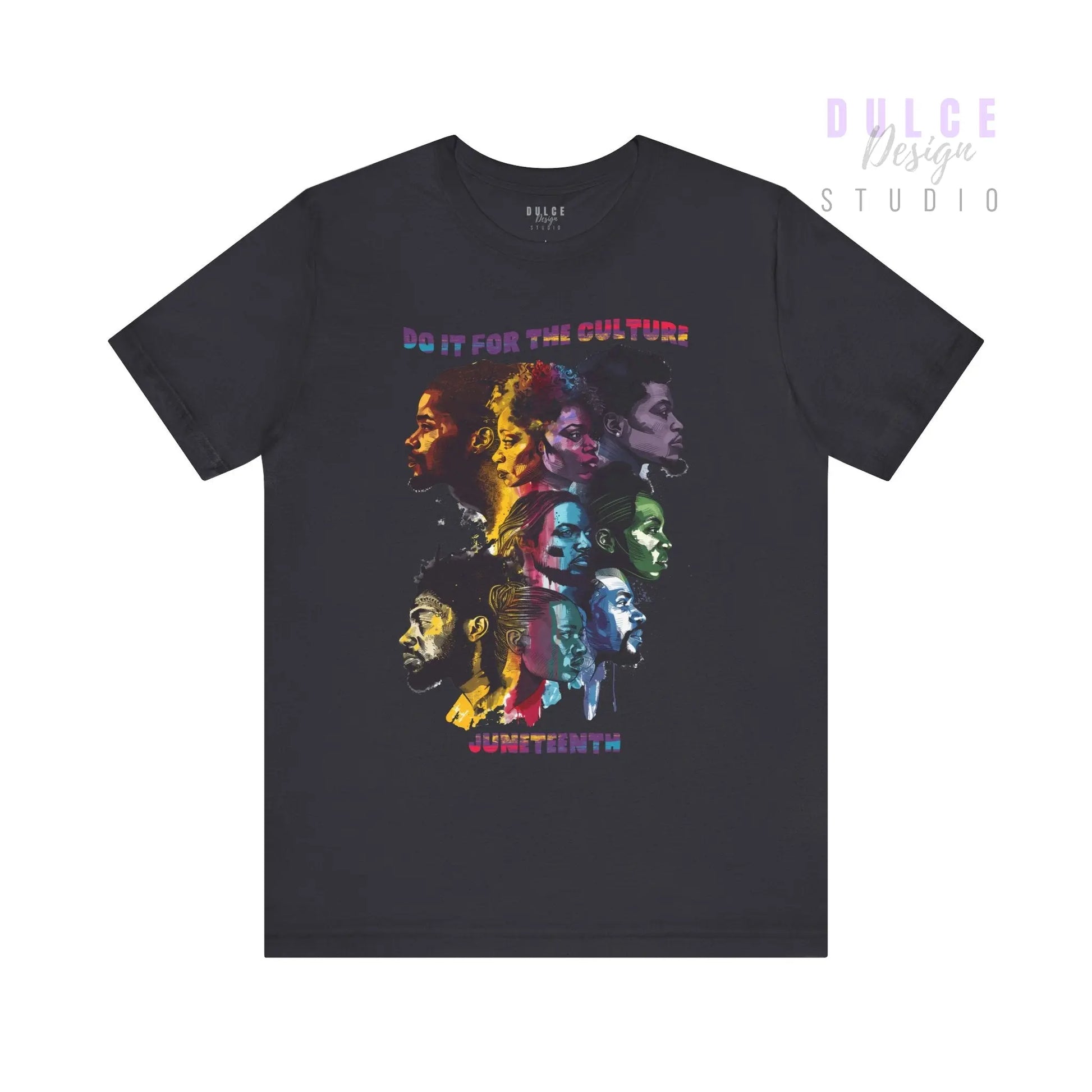 Black t-shirt with colorful graphic design and text on a white background