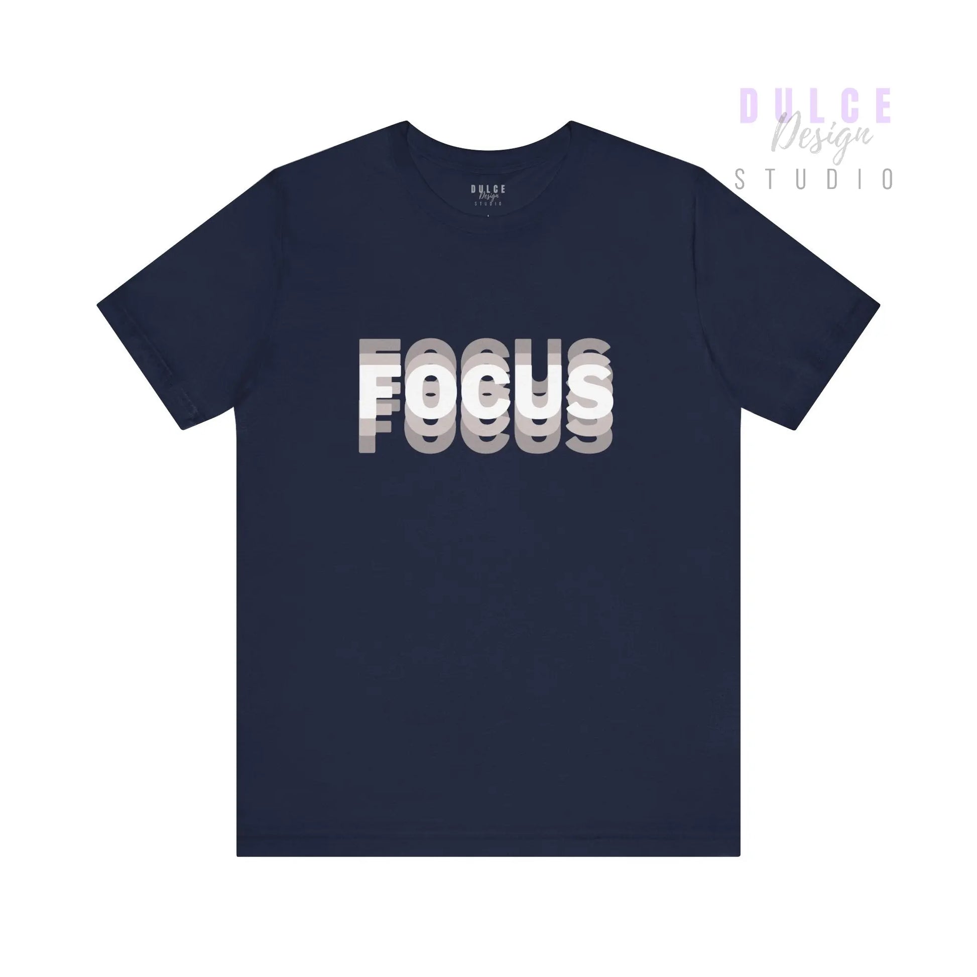Navy blue t-shirt with 'FOCUS' print on a white background