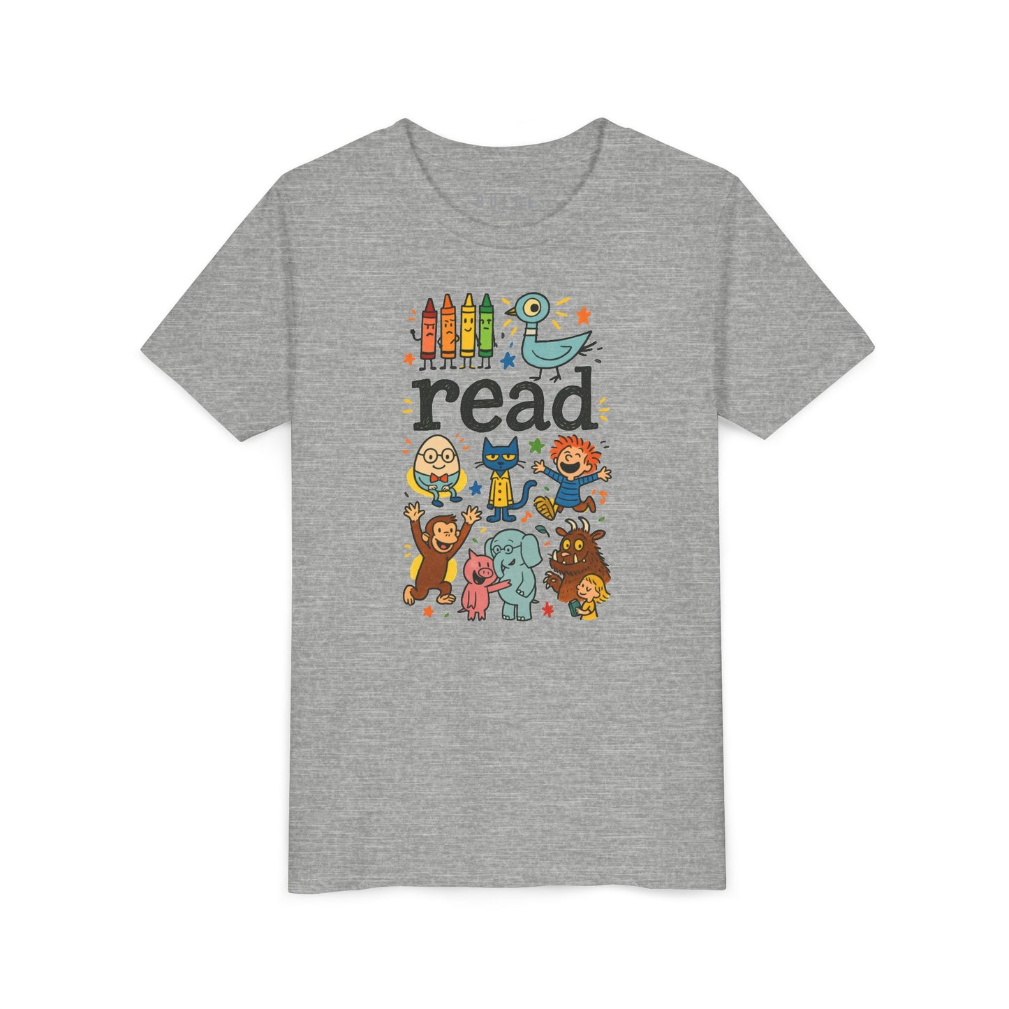 Heather grey kids t-shirt with colorful ‘read’ text surrounded by storybook characters like crayons, pigeon, monkey, and elephant