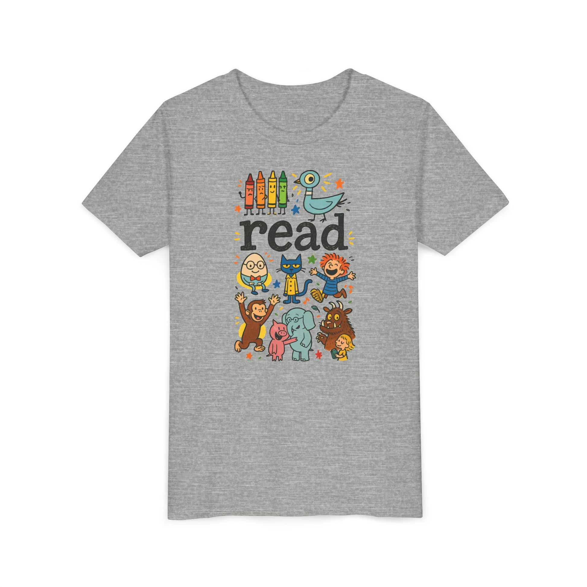 Heather grey kids t-shirt with colorful ‘read’ text surrounded by storybook characters like crayons, pigeon, monkey, and elephant