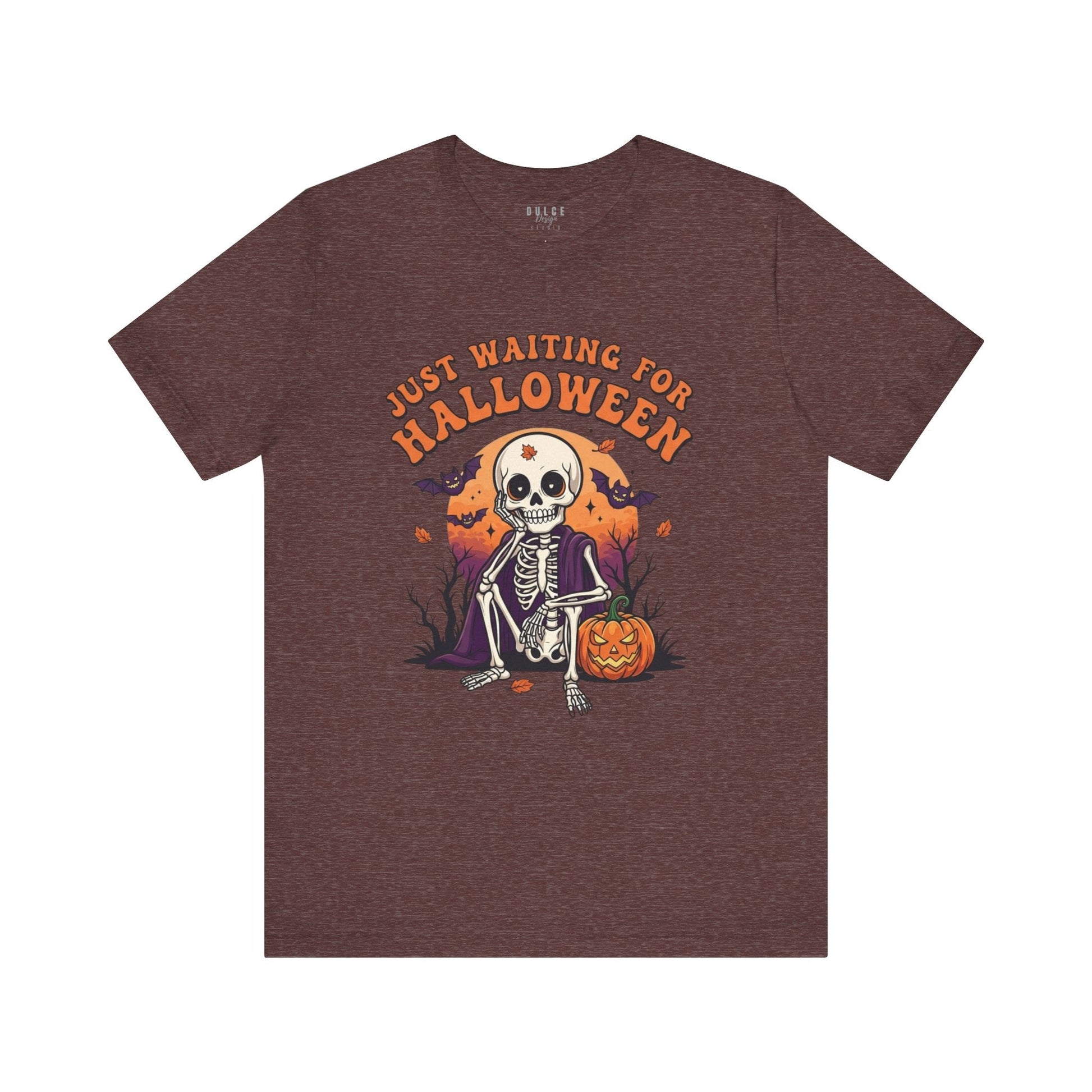 Halloween T-Shirt – Just Waiting for Halloween Skeleton Tee-  Heather Maroon / 3XL- Dulce Design Studio