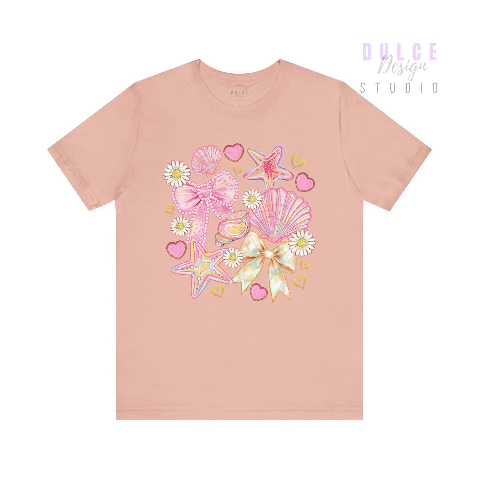 Girly Coastal Vibes – Pastel Shells, Bows & Daisies Tee -   Dulce Design Studio