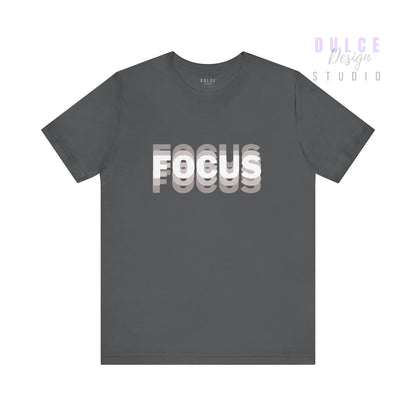 Gray t-shirt with 'FOCUS' text on a white background