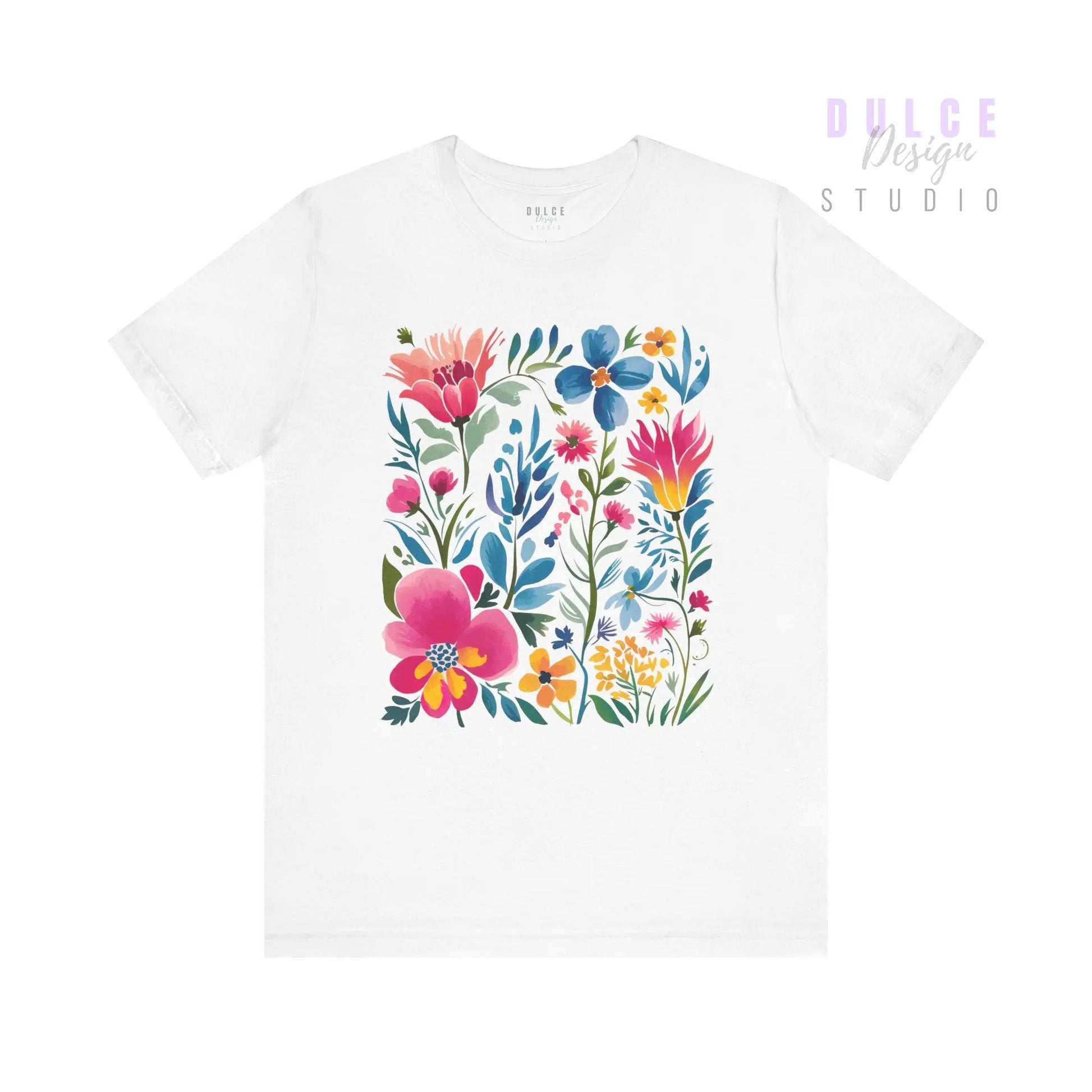 White t-shirt with colorful floral design on a white background