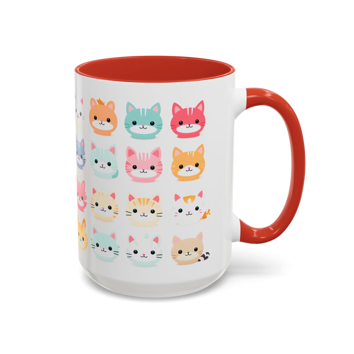 Kawaii Cat Mug – Cute 15oz Ceramic Coffee Cup with Colorful Kitty Faces