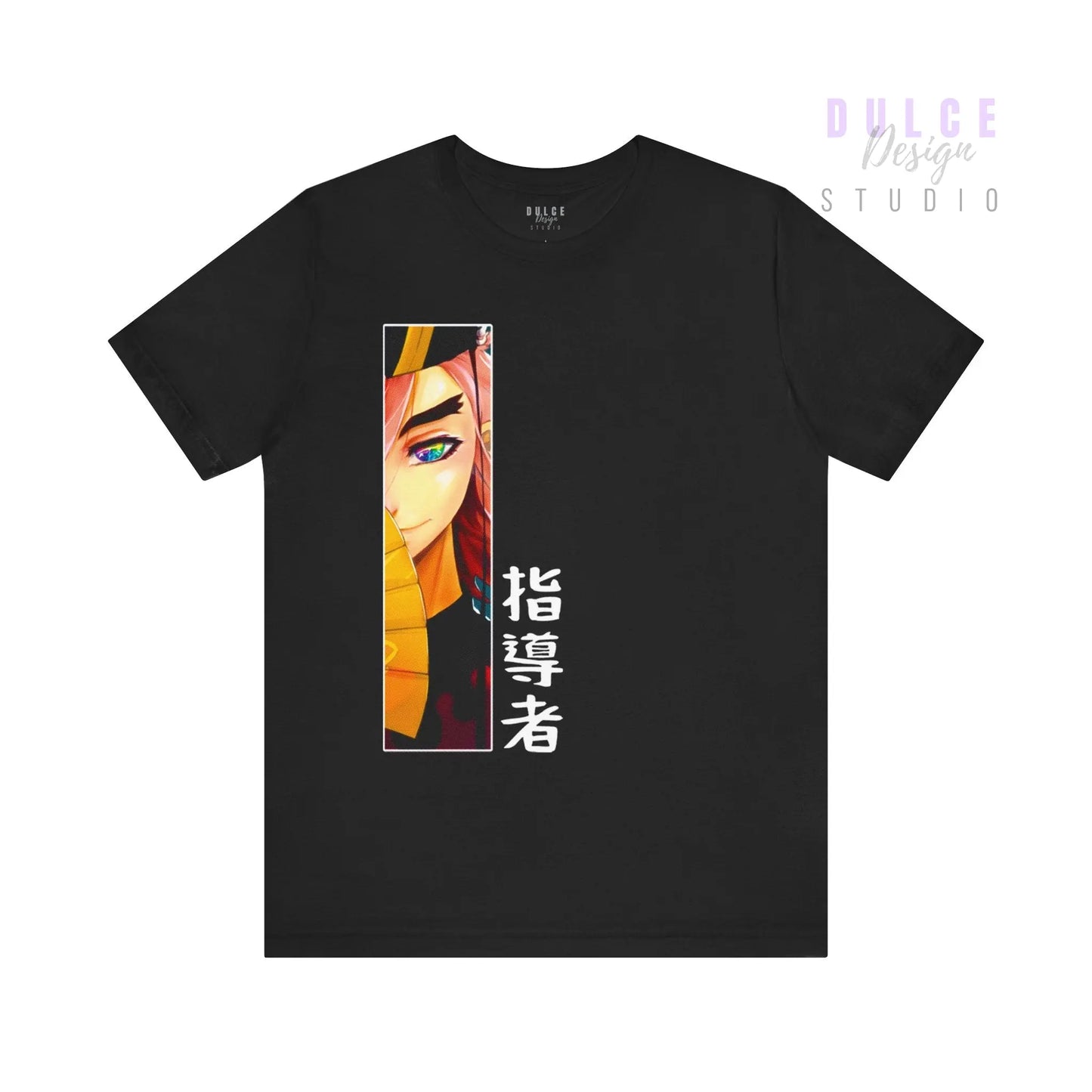 Black t-shirt with anime-style close-up of an eye and gold shoulder armor beside vertical Japanese kanji text