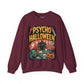 Maroon sweatshirt with 'Psycho Halloween' graphic design on a white background