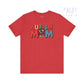 Red t-shirt with 'AUTISM MOM' text and colorful design on a white background