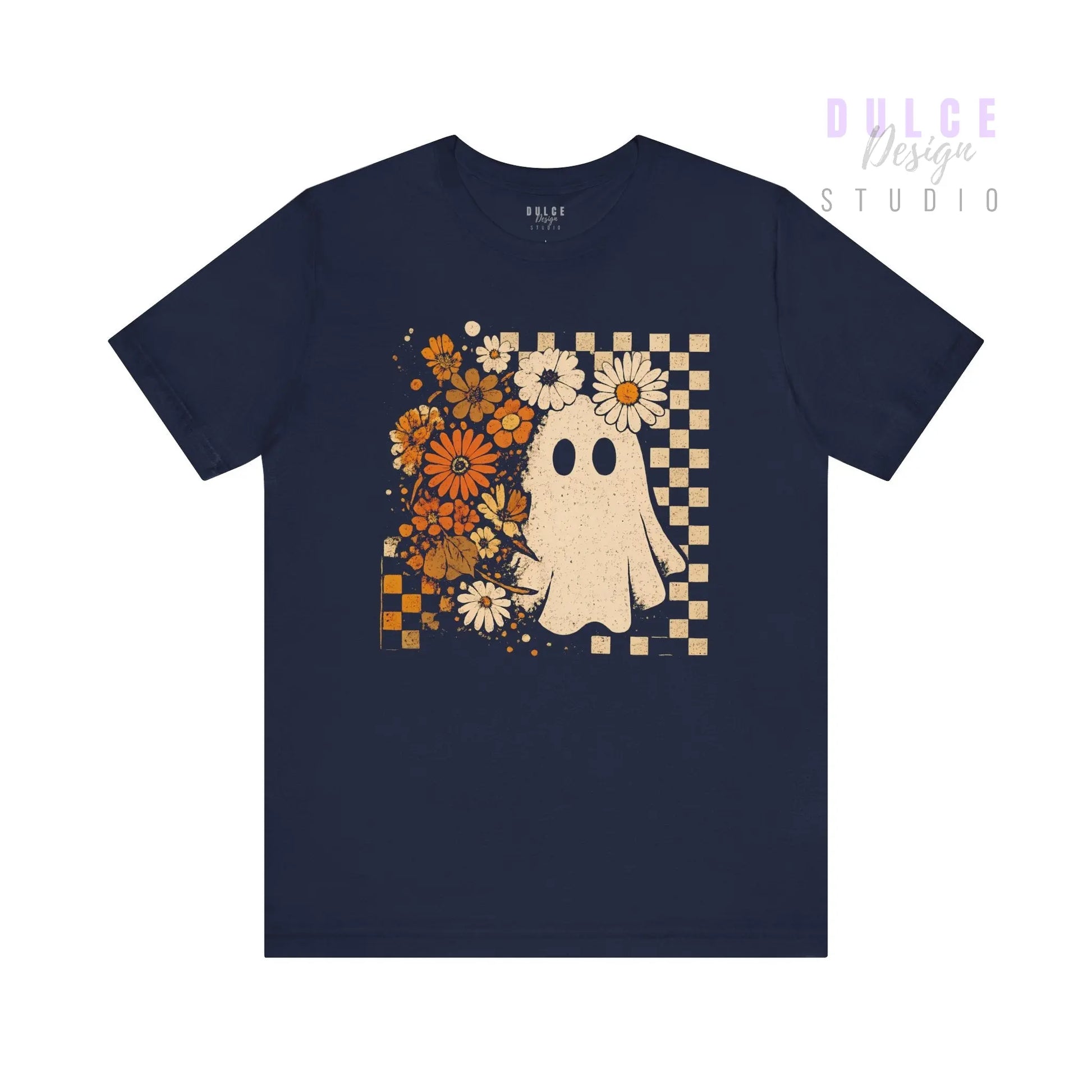Retro Ghost Shirt – Vintage Checkered Halloween Teein  Product variant-