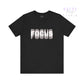 Black t-shirt with 'FOCUS' printed in white on a white background
