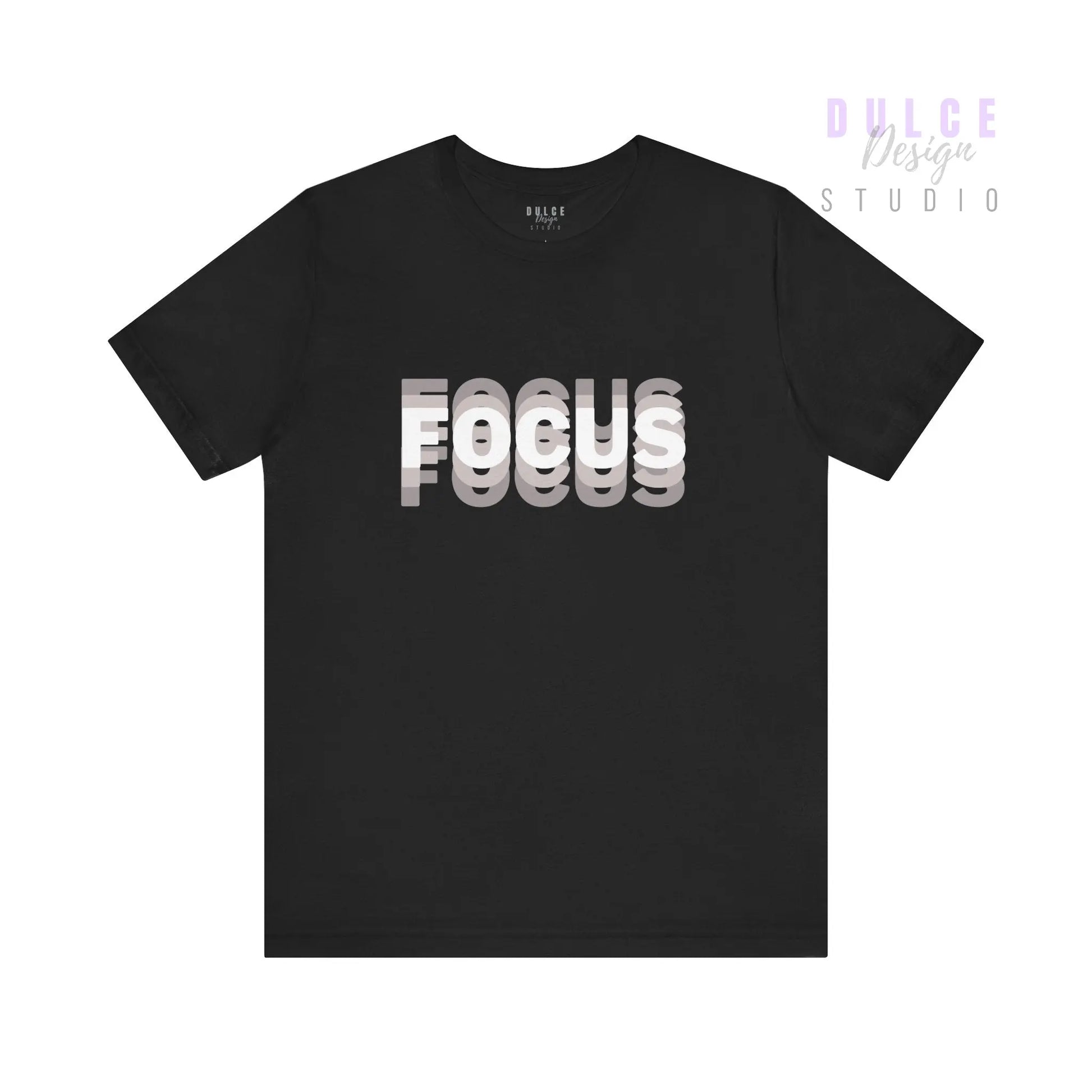 Black t-shirt with 'FOCUS' printed in white on a white background