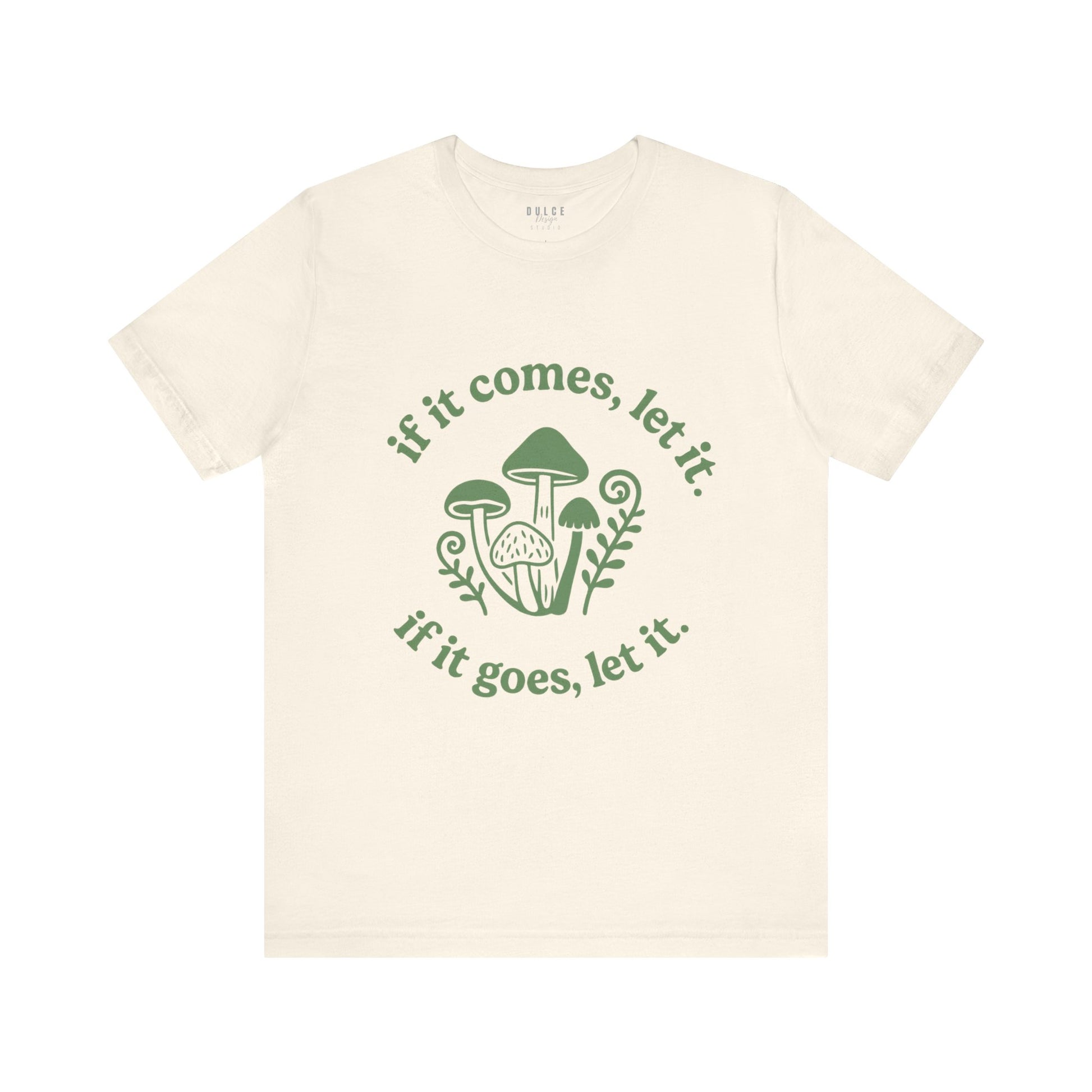 Beige t-shirt with green mushroom graphic and text on a white background