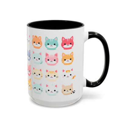 Kawaii Cat Mug – Cute 15oz Ceramic Coffee Cup with Colorful Kitty Faces