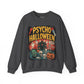 Dark gray  sweatshirt with 'Psycho Halloween' graphic design on a white background
