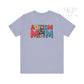 Light blue t-shirt with 'AUTISM MOM' text on a white background