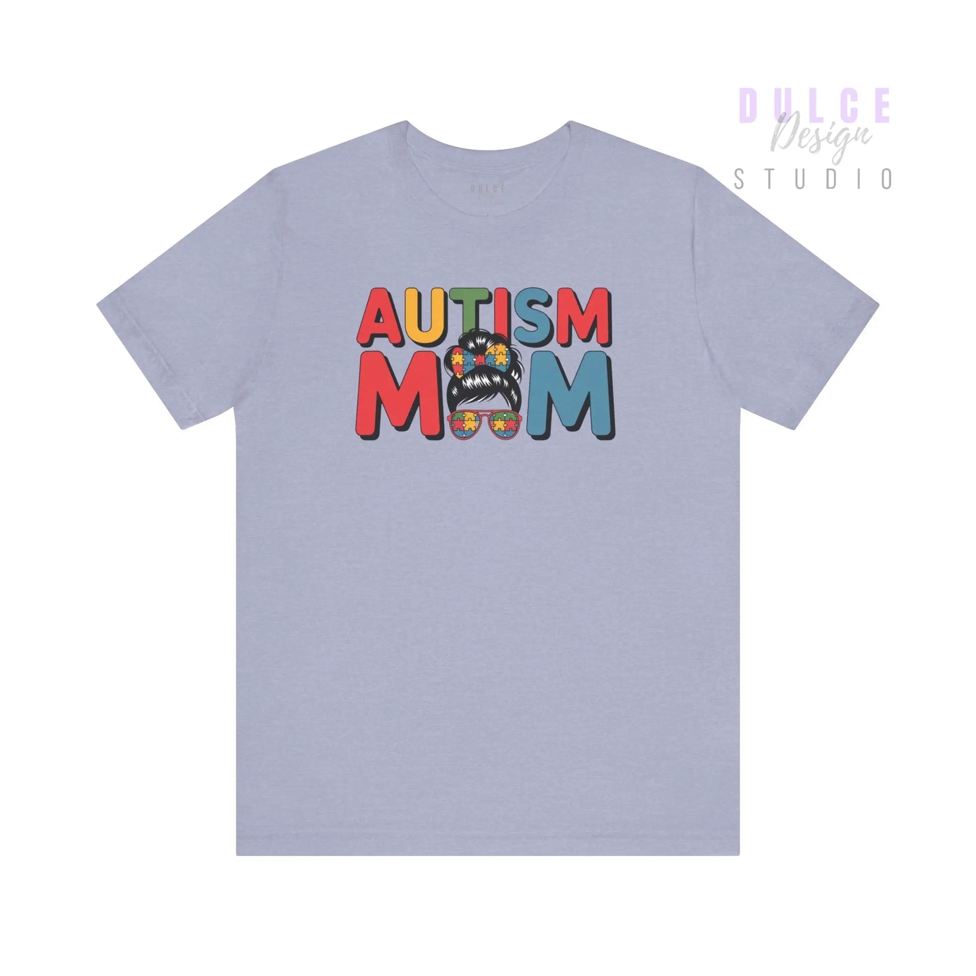 Light blue t-shirt with 'AUTISM MOM' text on a white background