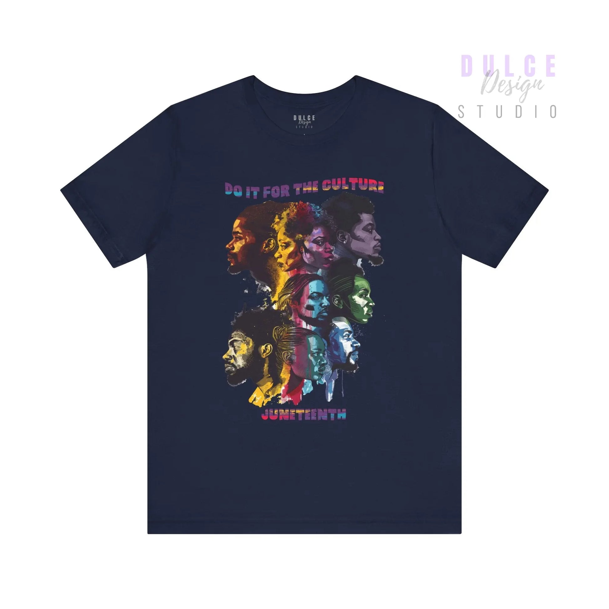 Navy blue t-shirt with colorful graphic and text on a white background