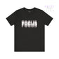 Black t-shirt with 'FOCUS' printed in white on a white background