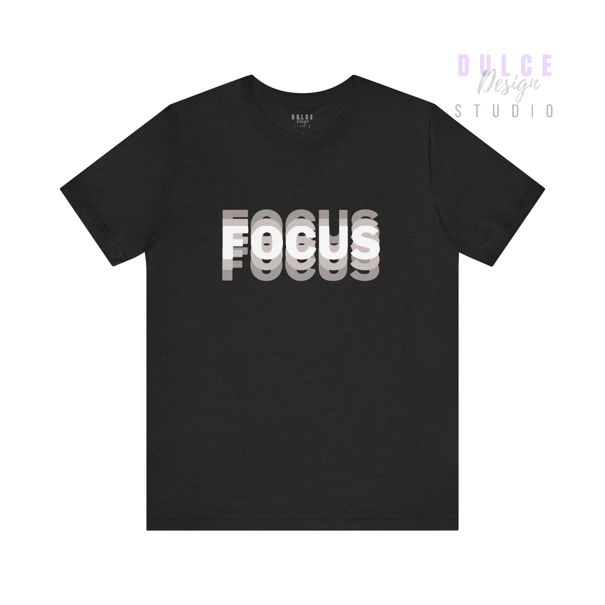 Black t-shirt with 'FOCUS' printed in white on a white background