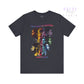 Black t-shirt with colorful graphic design and text on a white background