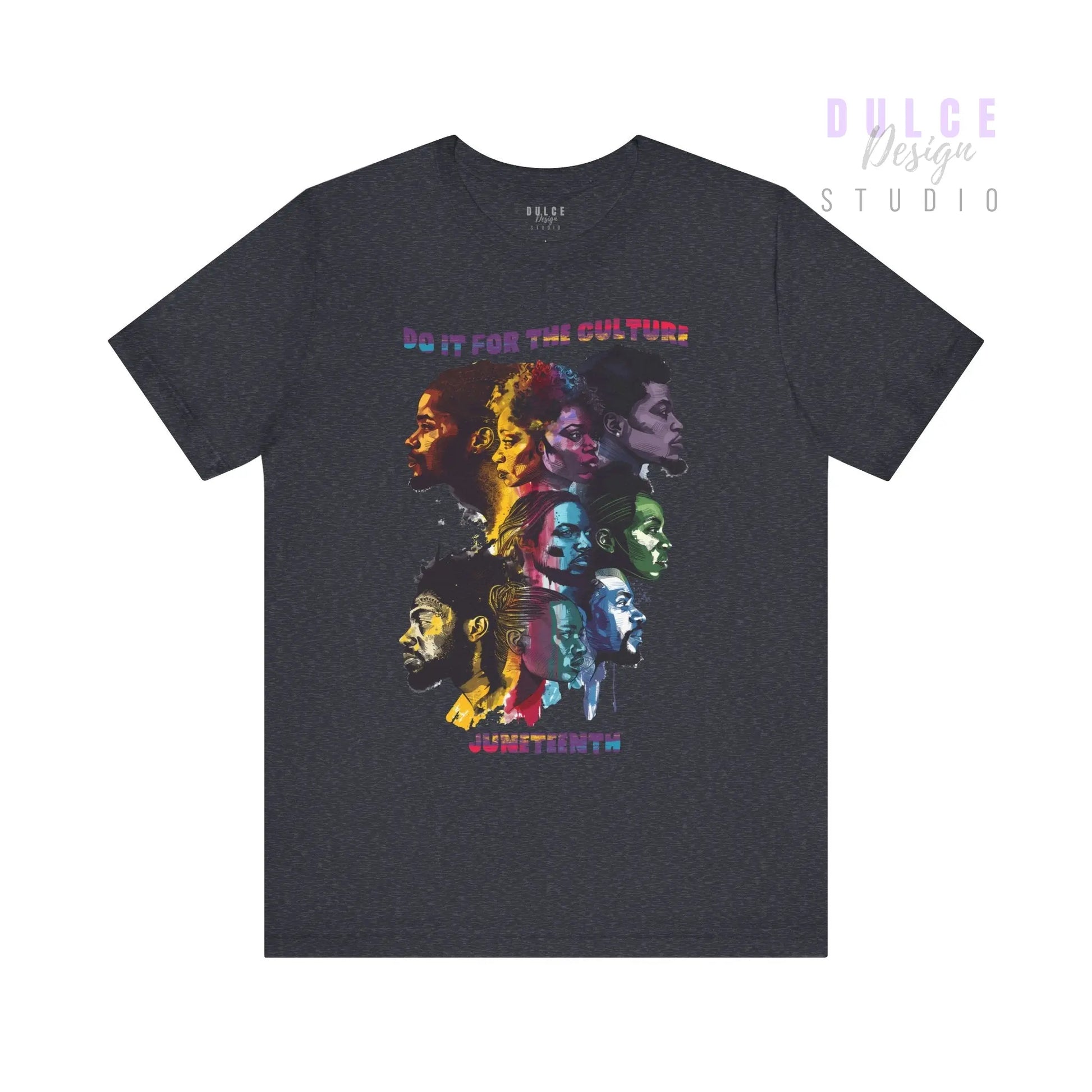 Black t-shirt with colorful graphic design and text on a white background
