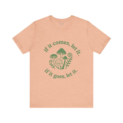 Beige t-shirt with green mushroom graphic and text on a white background