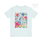 Light blue t-shirt with colorful floral design on a white background