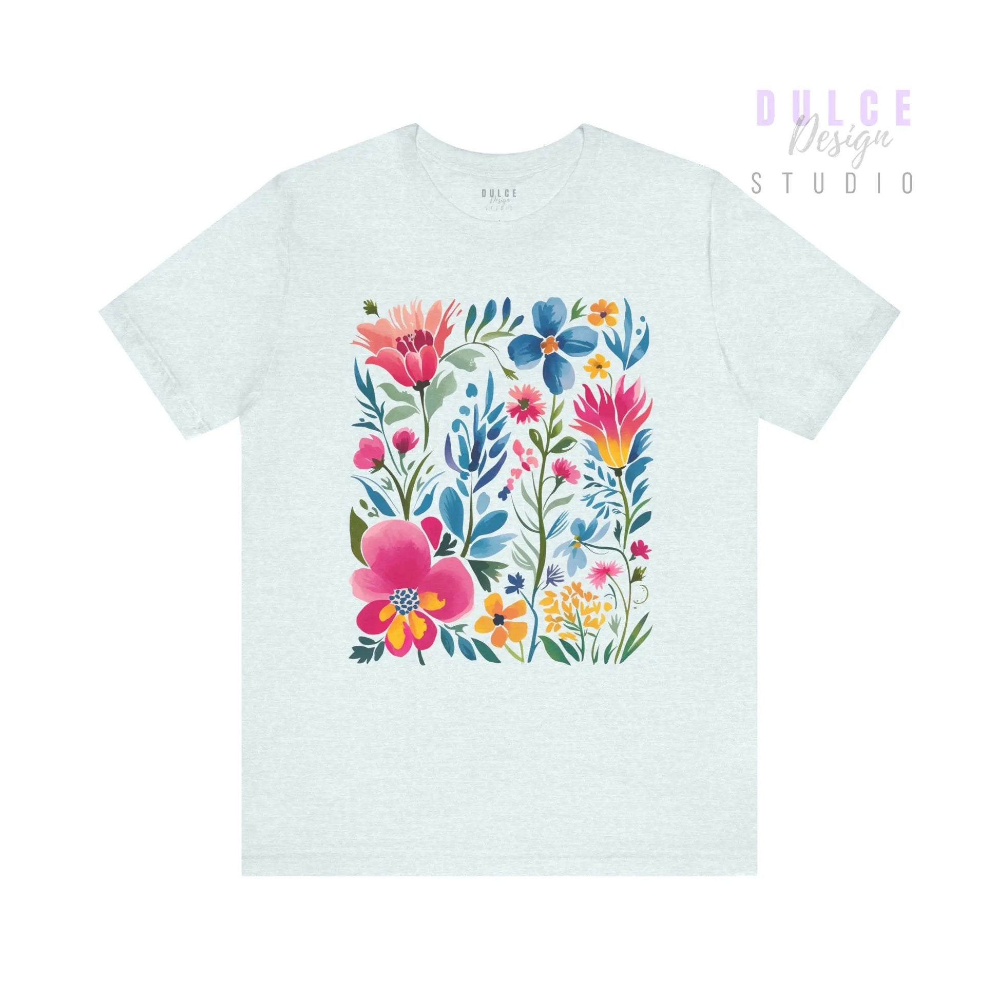 Light blue t-shirt with colorful floral design on a white background
