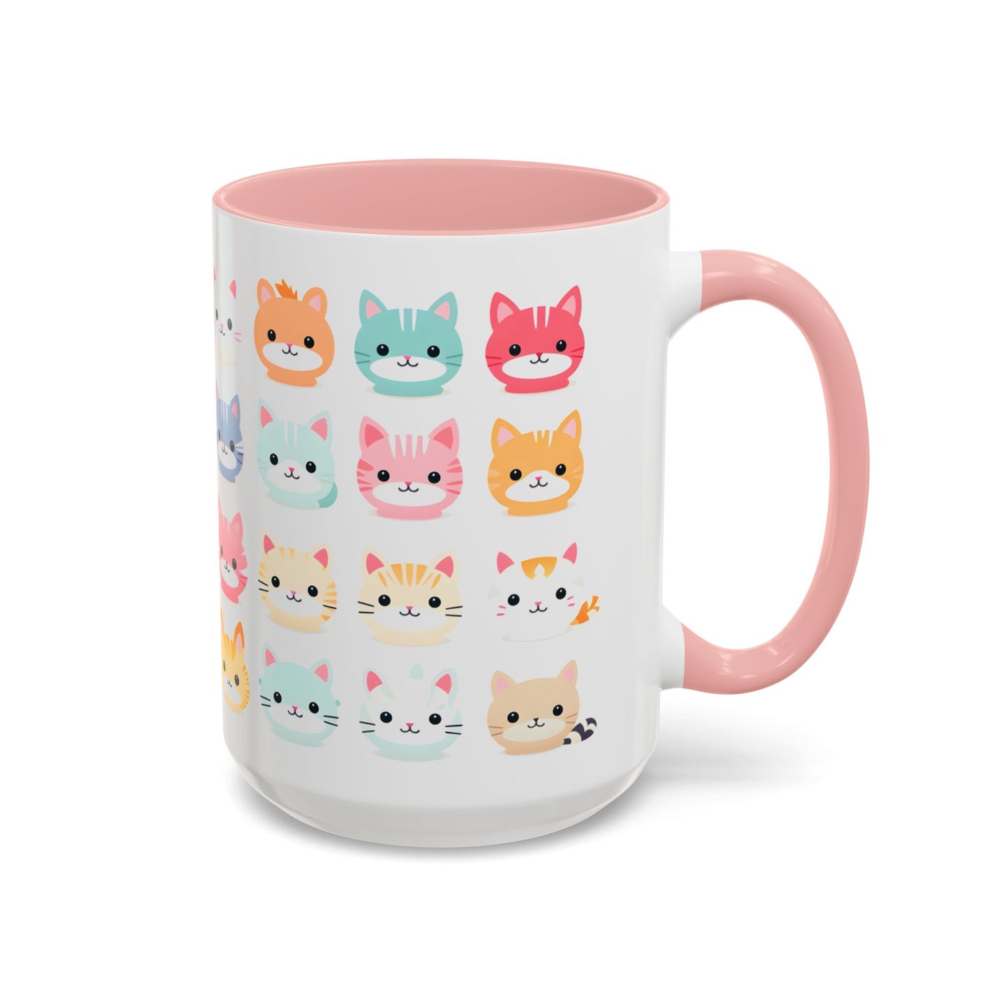 Kawaii Cat Mug – Cute 15oz Ceramic Coffee Cup with Colorful Kitty Faces