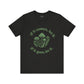Black t-shirt with green text and mushroom graphic on a white background