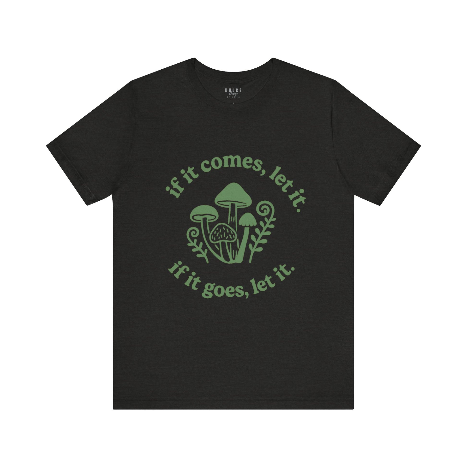 Black t-shirt with green text and mushroom graphic on a white background