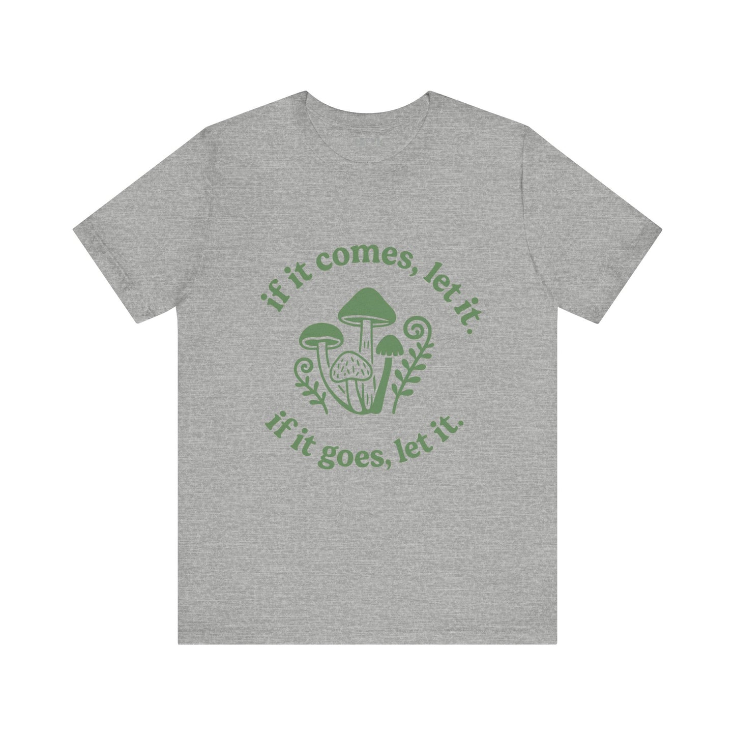 Gray t-shirt with green graphic and text on a white background