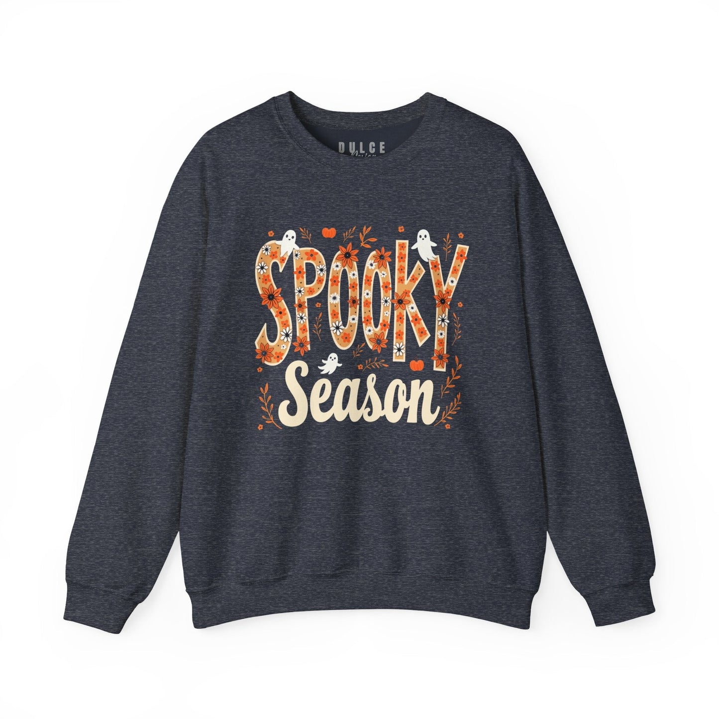 Spooky Season Sweatshirt – Fall Ghost Halloween Crewneck-  Heather Sport Dark Navy / 3XL- Dulce Design Studio