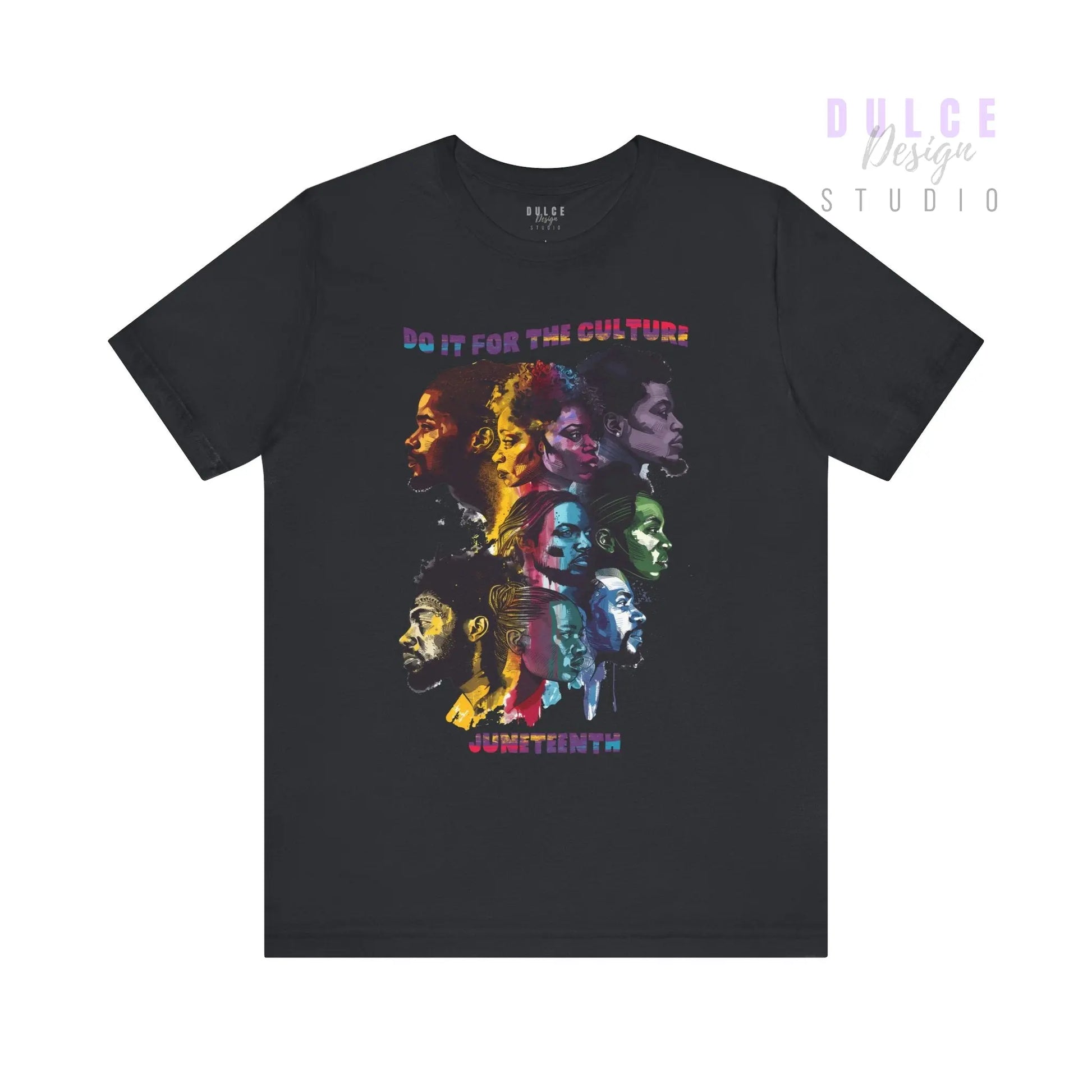 Black t-shirt with colorful graphic design and text on a white background