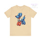 Beige t-shirt with a colorful balloon dog design on a white background