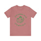 Red t-shirt with green graphic and text on a white background