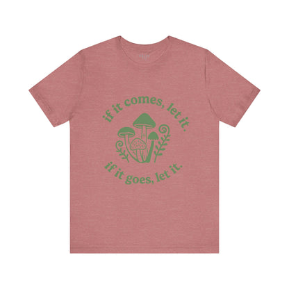 Red t-shirt with green graphic and text on a white background